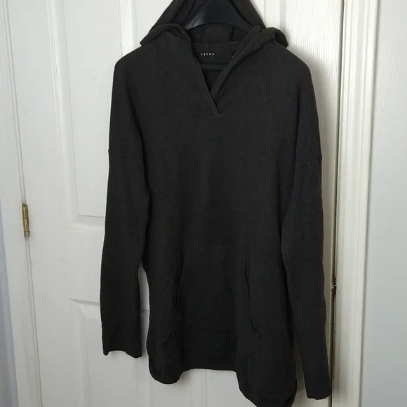 $Cyrus dark grey hooded pullover lightweight pocket ribbed sleeve sweater Size S - Picture 1 of 9